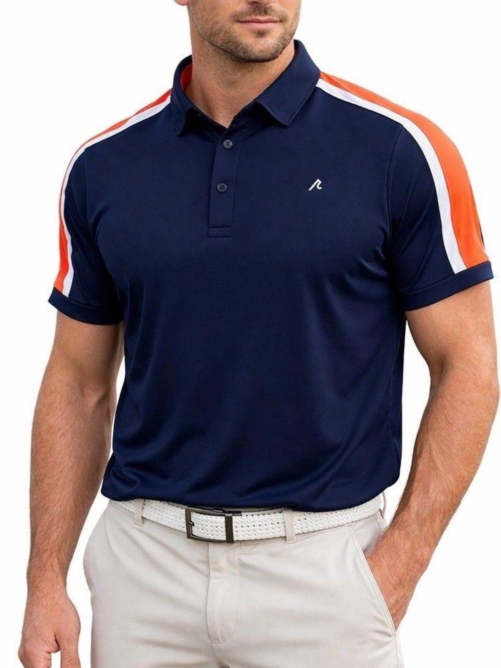 REDVANLY Men's Navy Polo with Orange and White Shoulder Stripes (M7)